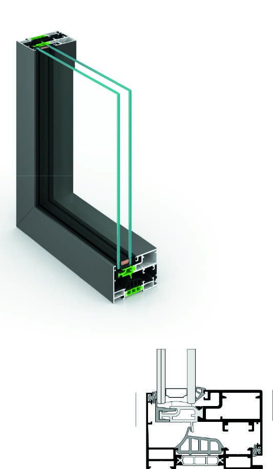 Cutaway 3D section of the YW85hs hinged window profile with its glazing unit