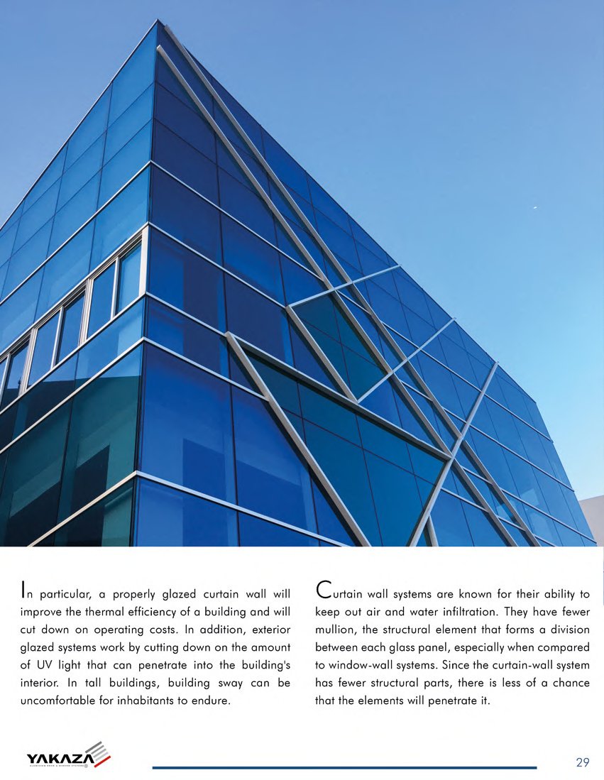 Blue glass aluminum curtain wall facade seen from below against a clear sky