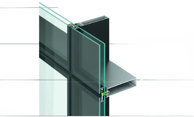 Cutaway 3D section of the YCW35 curtain wall mullion and transom