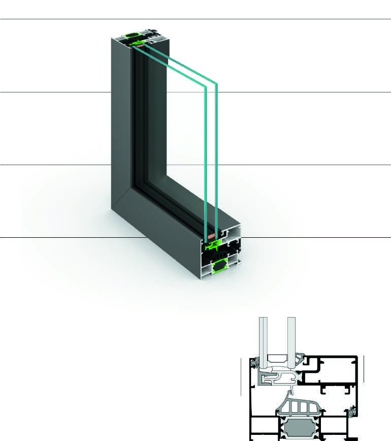 Technical section drawing of the YW85 ST window profile showing the insulated glass unit