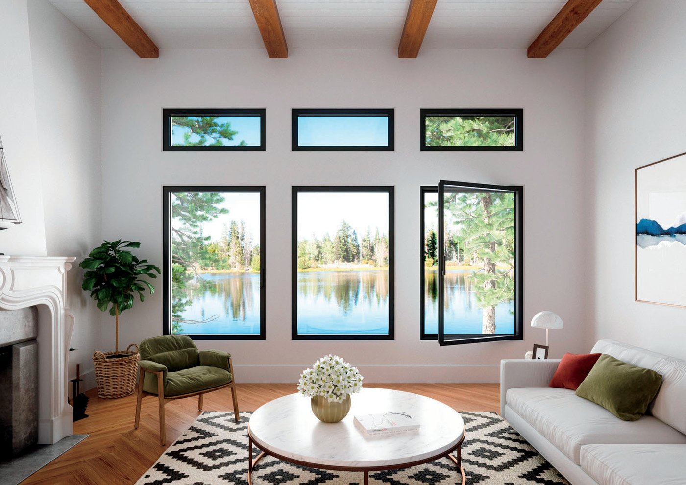Living room with slim-frame black aluminum casement windows overlooking a lake