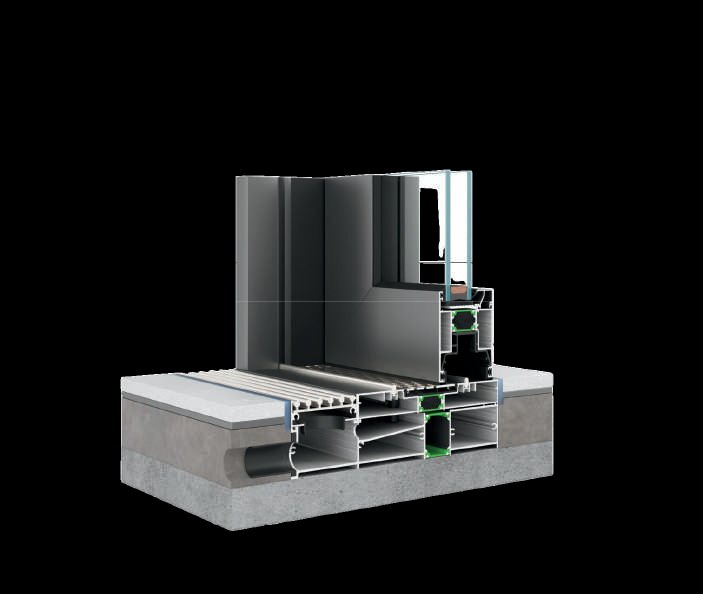 Cutaway render of a thermally broken aluminum sliding system profile at the floor threshold