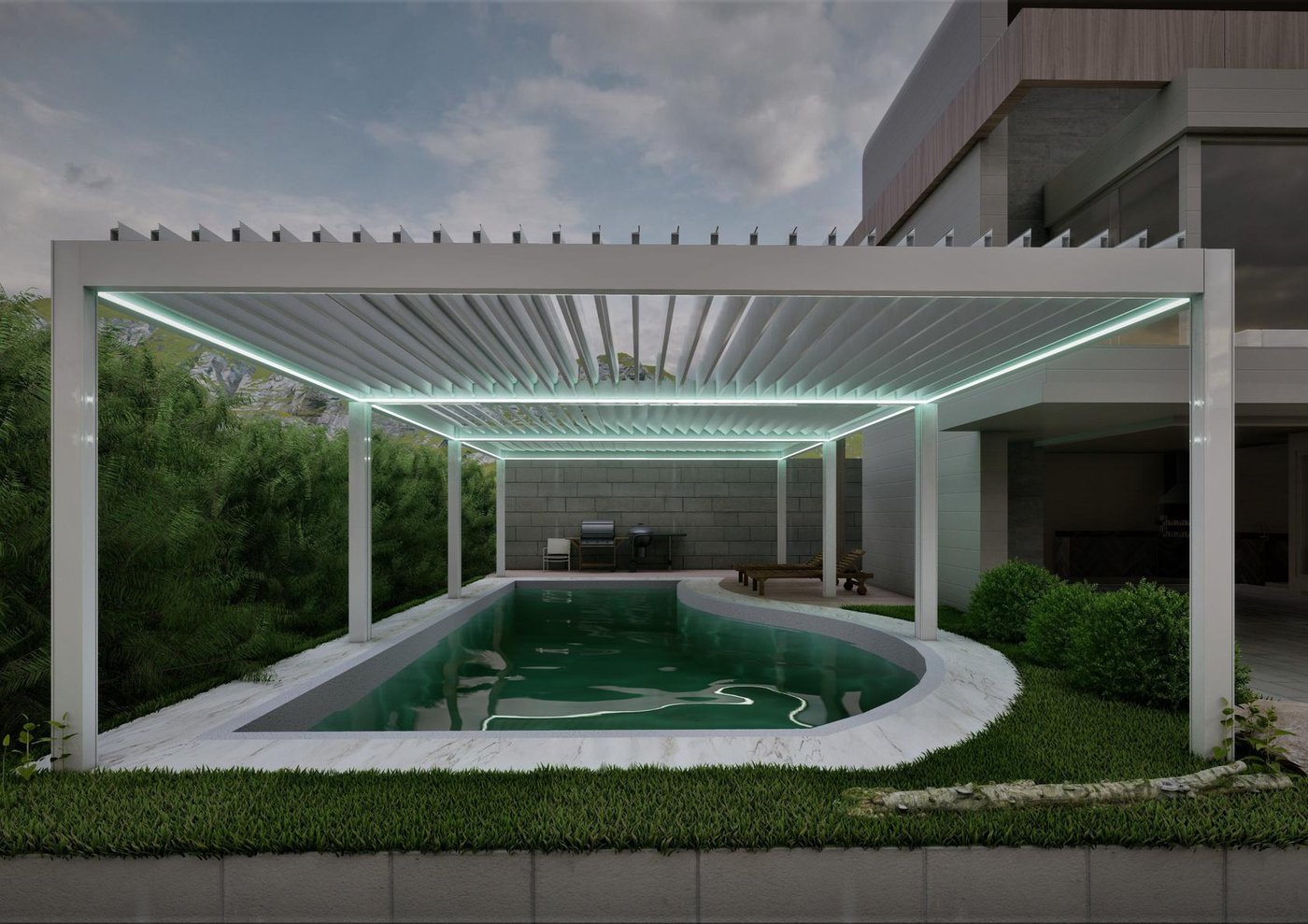 White aluminum louvered pergola with integrated LED lighting over a swimming pool